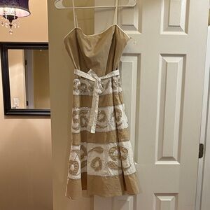 BCBG Beige and Cream Strappy Tea Dress with Silver Floral Sequin Y2K